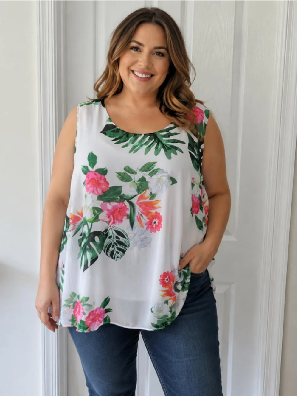Vince Camuto Women's Floral Sleeveless White Green Pink Tank Top Plus Sz 2X